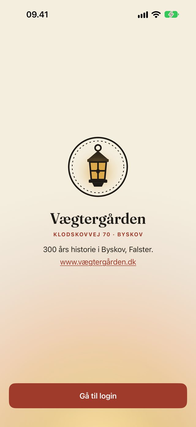 Stalden i lommen: appens forside med lygten og knappen Gå til login